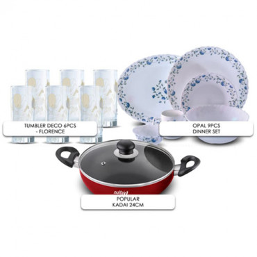 Nolta Combo Deal (Opal Dinner Set 9Pcs, Kadai 24cm, Tumbler Deco 6Pcs)